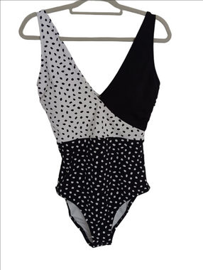 Lands' End Black & White Polka Dot Mix Pattern One-Piece Swimsuit V Front & Back
